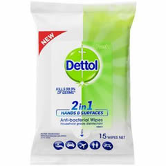 DETTOL HAND SURFACE WIPES 15'S